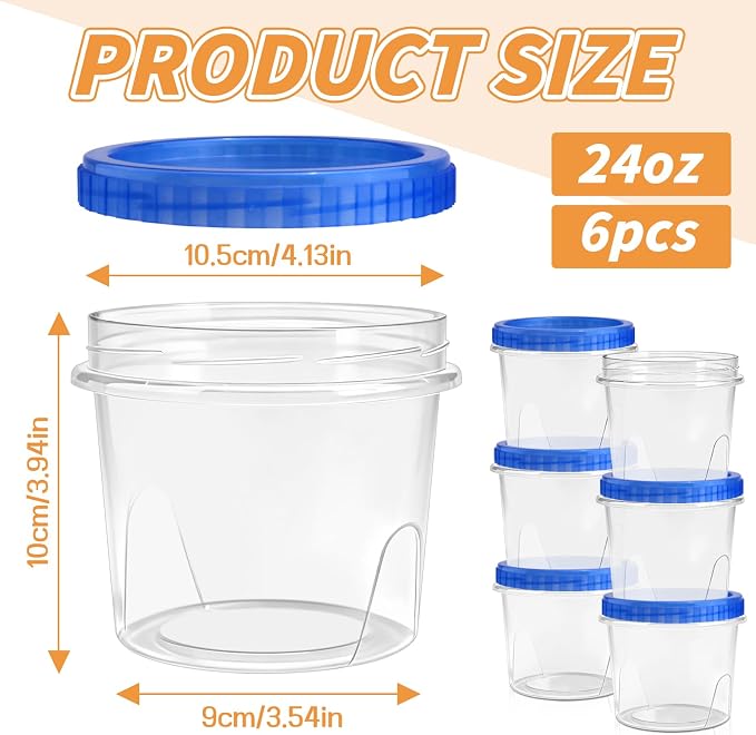 6 Pack Freezer Containers with Screw On Lids, 24 Oz Stackable Reusable Plastic Storage Container, Airtight Plastic Food Storage Containers with Twist Top Lids for Food Soup Jello Sauce