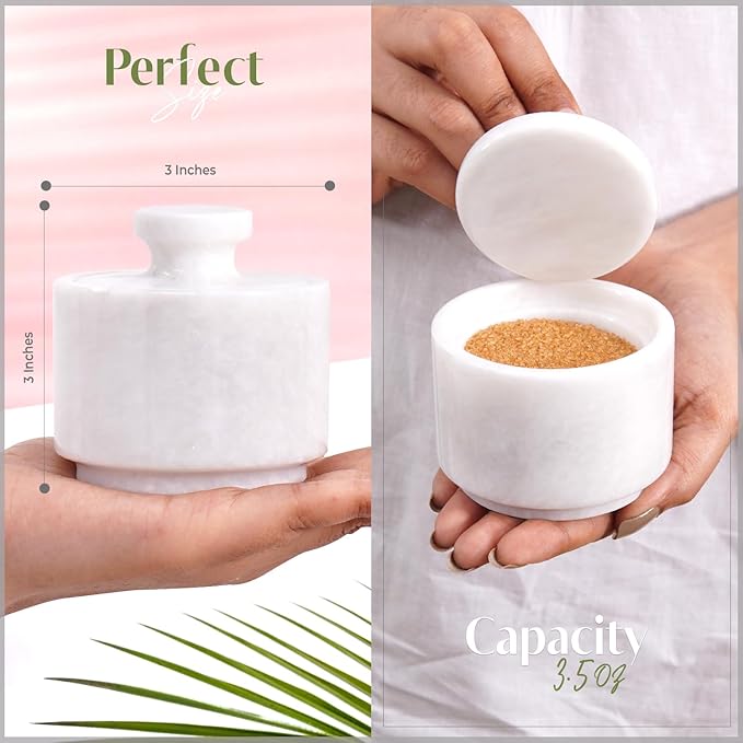 MARBLOUS KRAFTS Marble Salt Cellar with Lid 3" White Salt Box, Stone Salt Container & Spice Jars, Stone Salt Holder for Counter, Spice Jar & Salt Jar