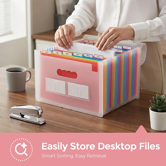SKYDUE Accordion File Organizer with 26 Pockets & Label Stickers, Expanding File Folders Fit for A4 & Letter Size Paper, Multi-Functional Document Organizer for Home & Office File Management