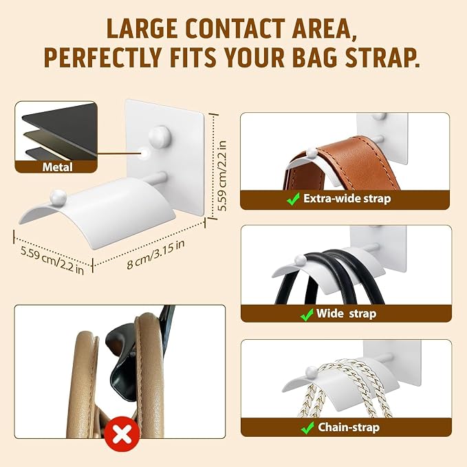 Wall Mounted Purse Organizer for Closet – Arc Handbag Holder Protects Handles & Saves Space, Adhesive or Screw Mount, Purse Hanger for Bedroom, Entryway, Office & Closet Storage (White)