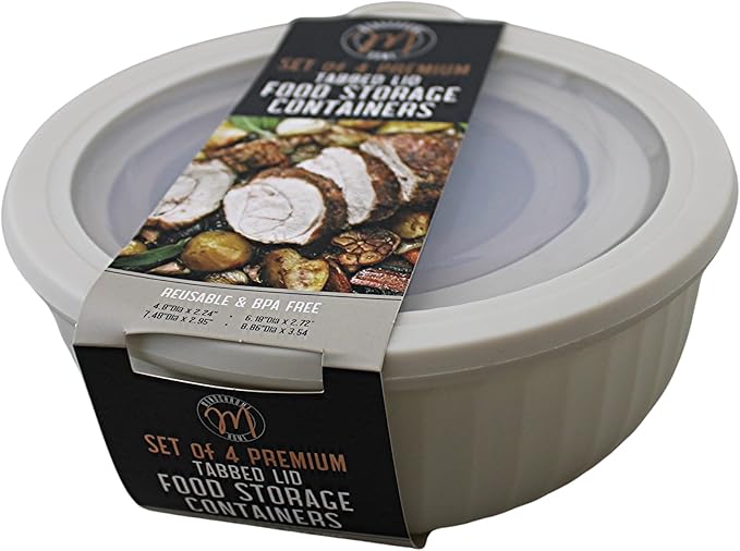 Set of 4 BPA-Free Round Food Storage Containers Vented Lids Assorted Sizes, Microwave & Freezer Safe Nesting Design for Leftovers Meal Prep Fridge Organization Dry Grains (Ivory)