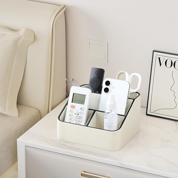 PU Leather Remote Control Holder, Nightstand Organizer with 4 Compartments | Luxury Desk Caddy with Velvet Lining, Small Desk Organizer for Living Room, Bedroom, Bedside, End Table, 6.8" x 6.7" x 4"
