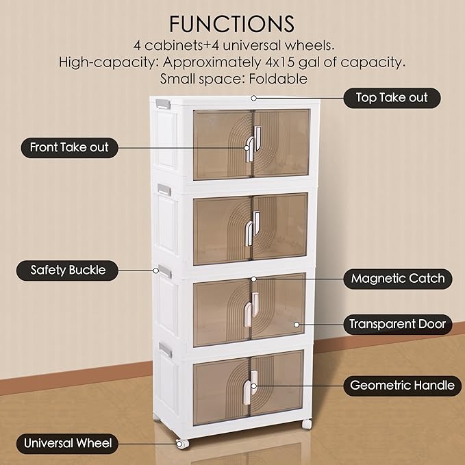 Kozyard Foldable Storage Bins with Lids Stackable Storage Bins with Doors and Wheels Magnetic Dual-Opening Doors Storage Containers for Bedroom, Living Room, Closet, Laundry (White-4Pack)