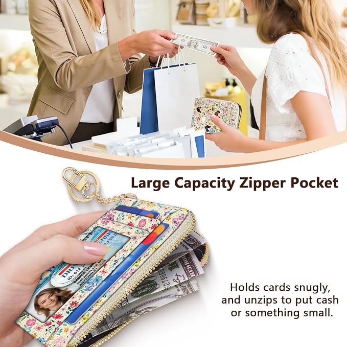 GIANCOMICS Slim Wallet Credit Card Holder Women, Chicken Rooster Flower Rfid Small Card Case, Keychain Thin Pocket Curved Zipper Wallet, Travel Card Holder PU Leather ID Window, Ladies Female Gifts