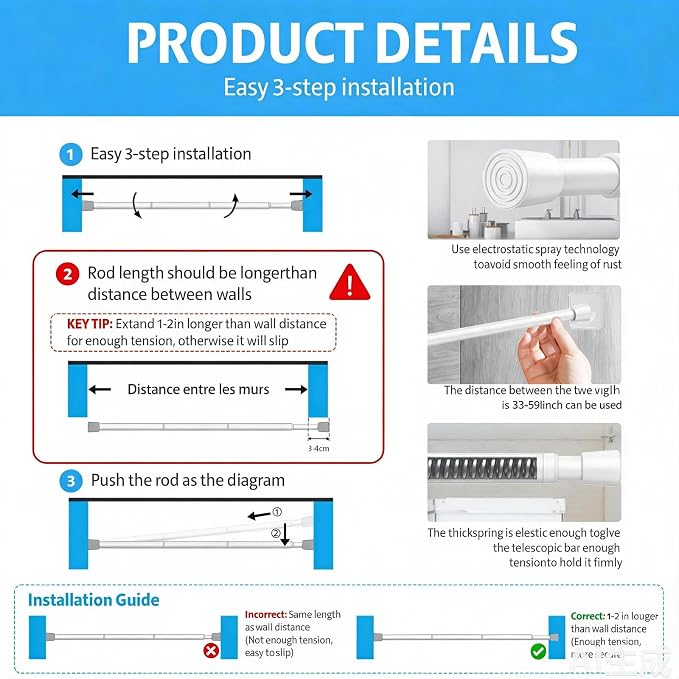 1 Pack Spring Tension Rods 33-59 Inches, 5/8 Inch Diameter White No Drill Spring Loaded Adjustable Extendable, Small Short Tension Curtain Rod for Windows Kitchen Doorway Closet Cupboard