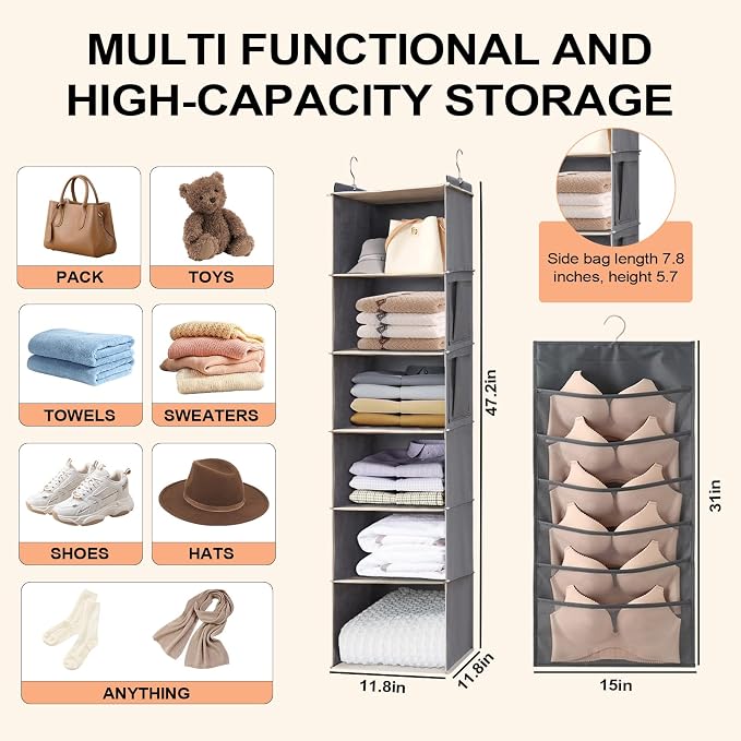 6 Tier Shelf Hanging Closet Organizer, Closet Hanging Shelf with 2 Sturdy Hooks,1 Sock Bag and 5 White Garment Bags, for Clothes, Shoes, Hats, Dorms and RVs, Foldable (Grey)