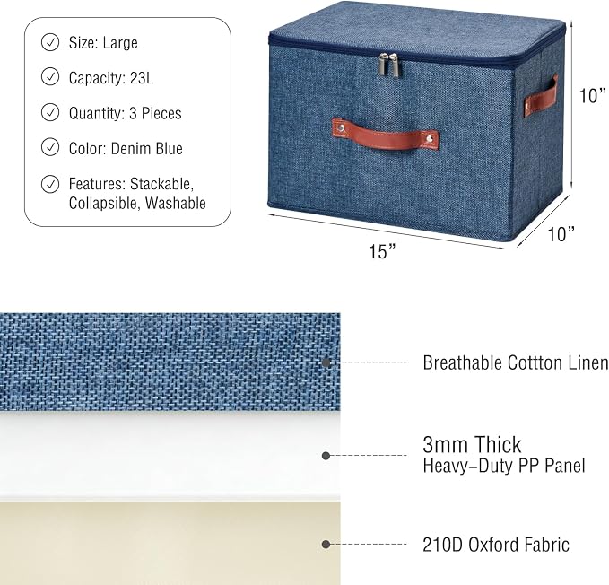 3PCS Storage Bins Boxes with Zippered Lids Cotton Linen Fabric Decorative Basket PU Leather Handles PP Plastic Board Foldable Lidded Shelf Closet Organizer Container (Denim Blue, Large)