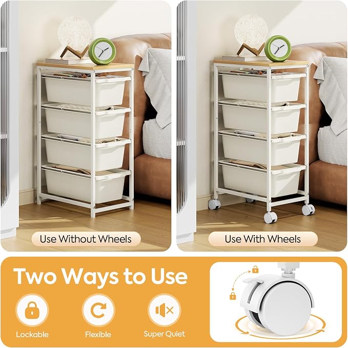 Slim Rolling Storage Cart with 4 Drawers, Craft Organizer, Wooden Tabletop Utility Cart for Bedroom, Children's Room and Office Organization, Table Side Trolley with Lockable Wheels, White