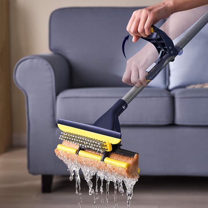 Yocada Sponge Mop Home Commercial Use Tile Floor Bathroom Garage Cleaning | Total 2 Sponge Heads NOT 3 Telescopic Handle Squeegee from 42.5 to 52 Inches Easily Dry Wringing only 2 Heads