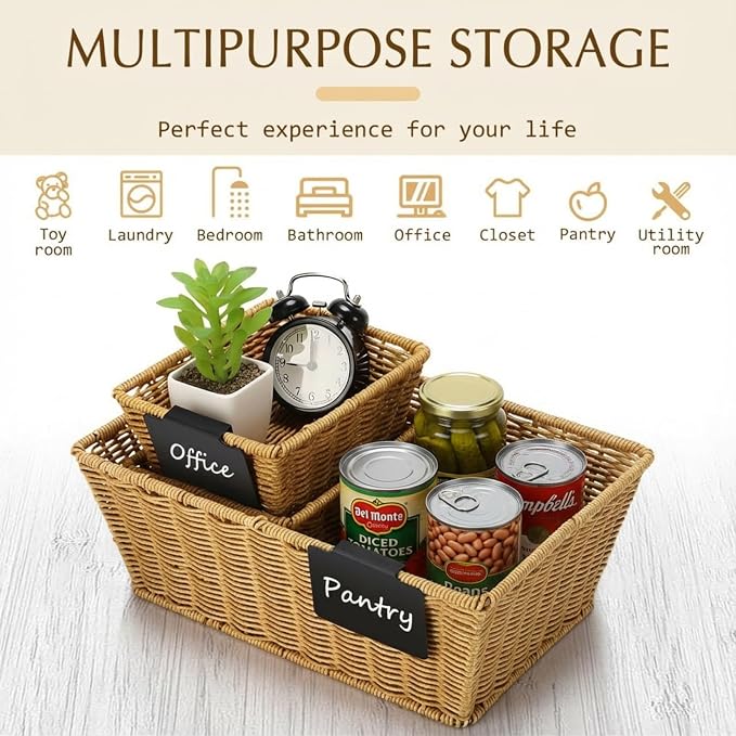Marsui 6 Pcs Wicker Storage Baskets for Pantry Organization with Labels Handwoven Multi-size Natural Wicker Storage Bins for Organizing Small Baskets Container for Shelves Closet Toilet