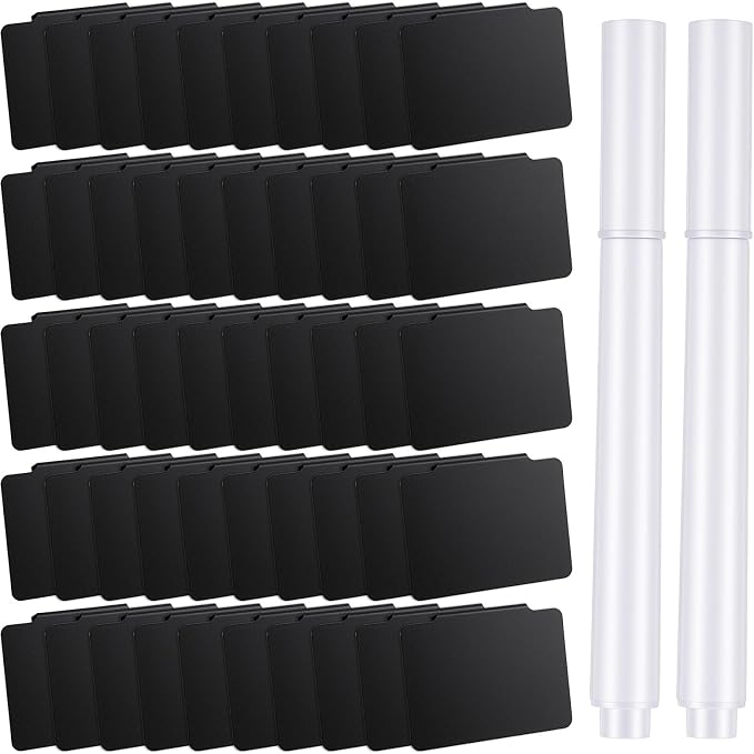 52PCS Basket Labels Clip On Set, 50 Removable PVC Bin Label Holders with 2 Chalk Markers for Pantry Storage Bins Organization (Black)