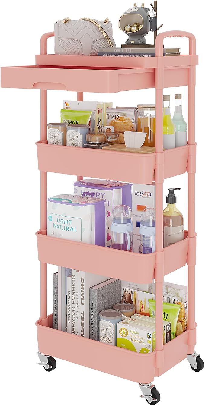 Calmootey 4-Tier Rolling Utility Cart with Drawer,Multifunctional Storage Organizer with Plastic Shelf & Metal Wheel,Storage Cart for Kitchen,Bathroom,Living Room,Office,Pink | Space-Saving Organizer, Sturdy Plastic Shelves, Smooth-Rolling Metal Wheels...