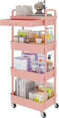 Calmootey 4-Tier Rolling Utility Cart with Drawer,Multifunctional Storage Organizer with Plastic Shelf & Metal Wheel,Storage Cart for Kitchen,Bathroom,Living Room,Office,Pink | Space-Saving Organizer, Sturdy Plastic Shelves, Smooth-Rolling Metal Wheels...