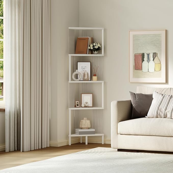 YATINEY 5-Tier Corner Shelf, Corner Bookshelf for Small Space, White CJ12WW | Freestanding Corner Shelf Stand, 5-Tier, 50.2" Tall, Small Bookcase, Clear Acrylic Sides, for Living Room, Bedroom