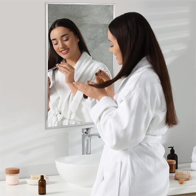 Head West Brushed Chrome Recessed Medicine Cabinet Mirror, Bathroom Wall Mount Storage Organizer with Glass Shelves - 16" x 26"