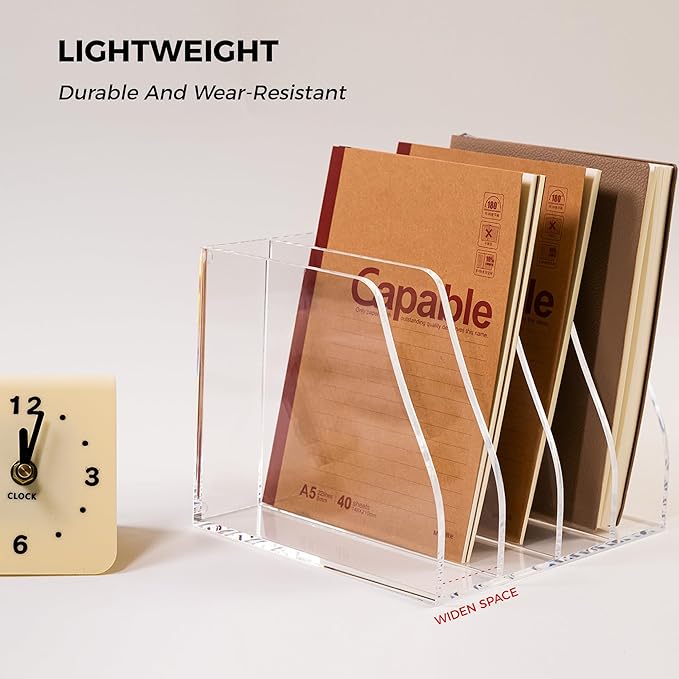 Acrylic File Folder Holder for Desk with Handles, 4-Slot Clear Desk Organizers and Accessories, Vertical Magazine File Sorter & Binder Holder, Desktop Book Organizer for Office, School & Home