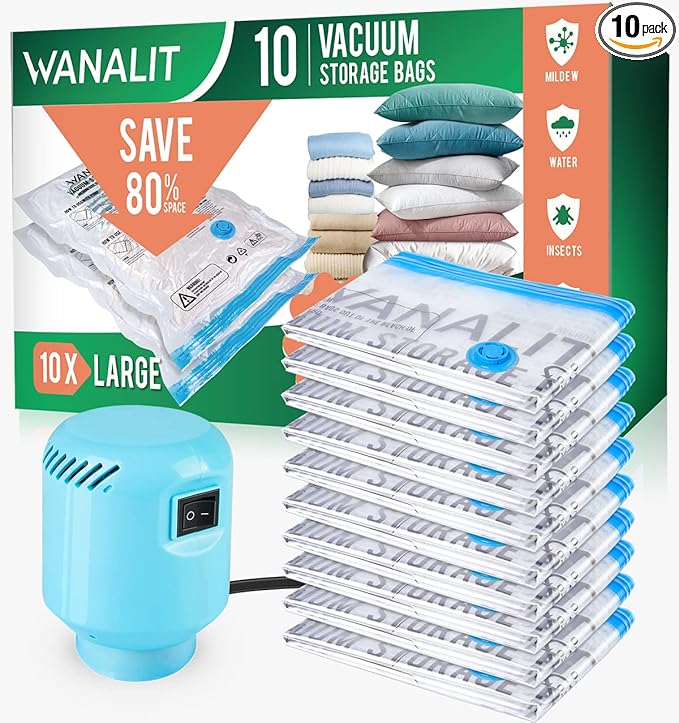 WANALIT Vacuum Storage Bags with Electric Pump, 10 Pack Large Size（32"x 22"） Reusable Compression Space Saving Bag for Clothes, Bedding, Mattress, Blankets, Pillows, Comforters, Travel, White