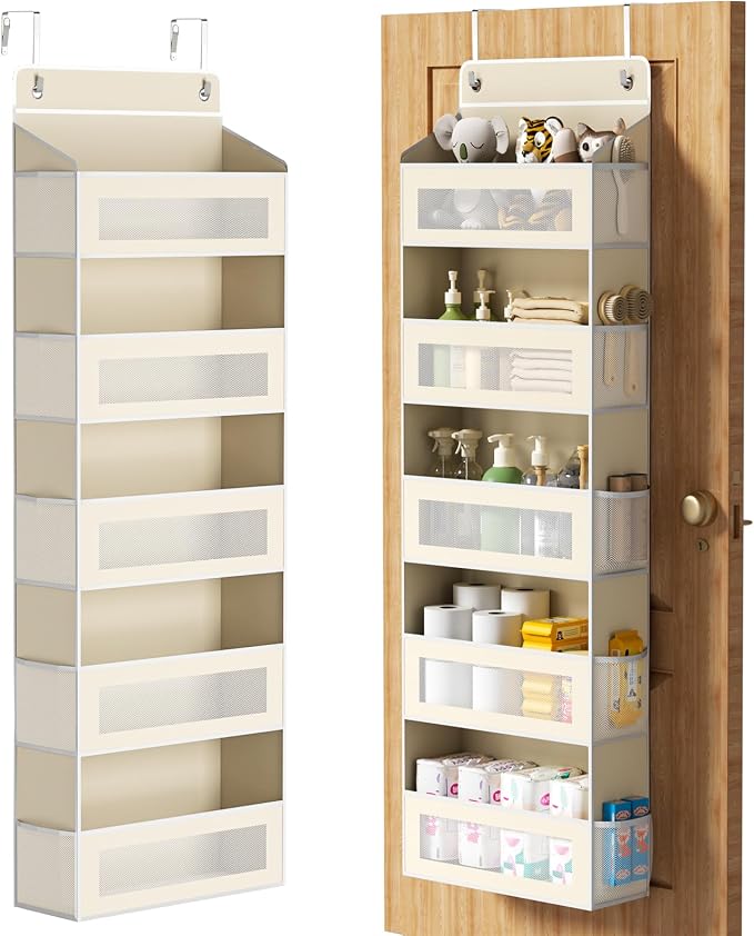 Over The Door Organizer with 5 Large Pockets, Over the Door Storage 10 Side Pocket 44 lb Load Behind Door Storage, Closet Door Organizer Hanging Shelf for Wall Bathroom Bedroom Nursery, 5-Tier Beige