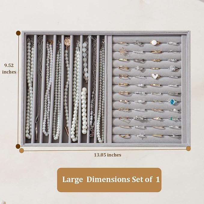 Large Jewelry Organizer for Drawer Insert Velvet Stackable Jewelry Trays for Earring Necklace Bracelet Ring Display (Gray, Ring and 9 Grids)