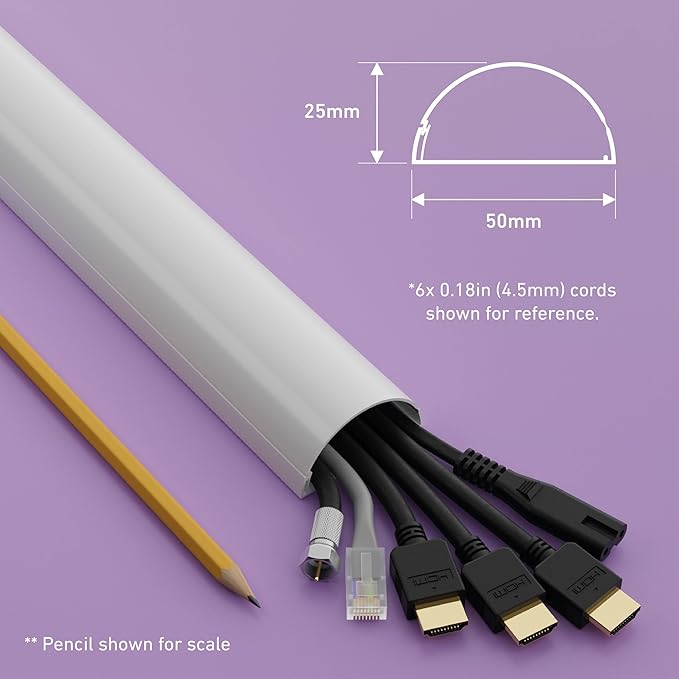 D-Line Half Round Cord Hider, Patented Cable Cover, Hide TV Wall Mount Wires, Raceway for Cords, Decorative Wire Covers, Paintable, Adhesive Cable Concealer, 1x 2in W x 1in H x 39in L, White