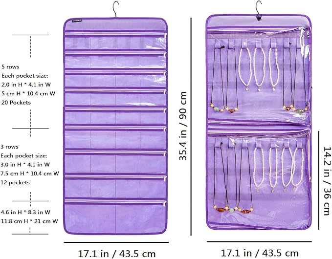 Dual-sided Hanging Jewelry Organizer Necklace Holder Jewelries Storage with 34 Zippered Pockets and 14 Dustproof Hook Loops (PURPLE)