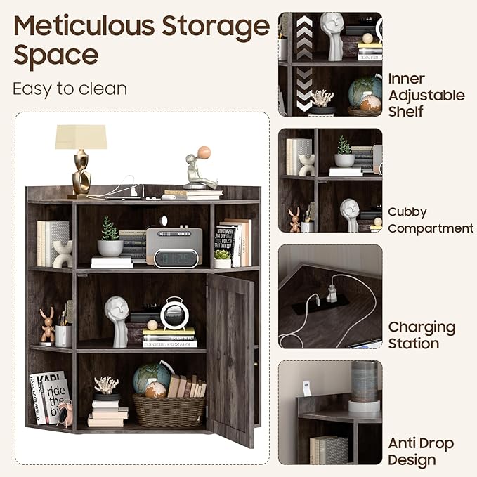 Halitaa Corner Storage Cabinet, Farmhouse Corner Bookshelf with Storage 6-Cubby Wooden Cabinet with USB Ports and Outlets Industrial Organizer for Small Space, Study, Playroom, Living Room