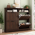 Shoe Storage Cabinet with 4 Flip Drawers, Farmhouse Modern Hidden Shoes Rack Cabinet with Adjustable Shelves & Open Storage, Narrow Slim Shoe Organizer for Front Door Entrance, Entryway, Walnut