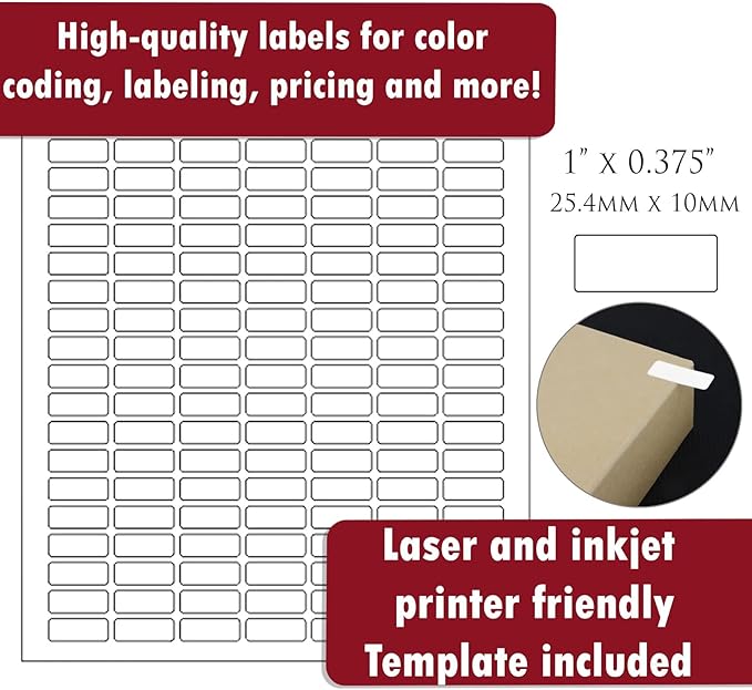 Royal Green White Printable Label Sheets 1" x 0.375" – 15,700 Rectangular Stickers for Laser Printer - 100 Sheets + 10 Bonus Color Sheets - Downloadable Template Included