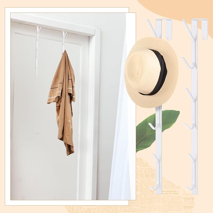 Tandefio 4 Pack 13.8" Over The Door Hook Hanger Comes with 6 Hooks from Large to Small Metal Extra Long Over The Door Hooks Hanger for Hats Rack Coat Scarf Purse Bags Scarf Keys and More (White)