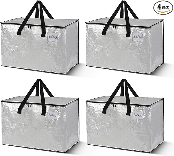 Rolett 4 Pack Extra Large Moving Bags, Heavy Duty Storage Bags with Strong Zippers & Carrying Handles, Storage Totes for Space Saving, Fold Flat, Alternative to Moving Box and bins