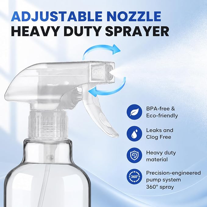16.9oz Glass Spray Bottles 2 Pack, 360° Any-Angle Spraying | Refillable Leak-proof Bottles with Adjustable Nozzle; Ideal for Cleaning, Essential Oils, Plants & Hair Care