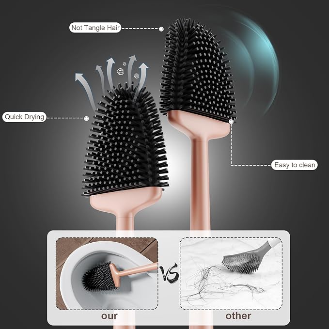 Sellemer Silicone Toilet Brush, Ventilation Slots Holder 1 Pack, Rose Gold | Flexible Bristles Flat Head for Rim, Hair Tangle-Free, Easy to Clean, Compact Design, Rustproof Handle, for Toilet/Sink/Tub