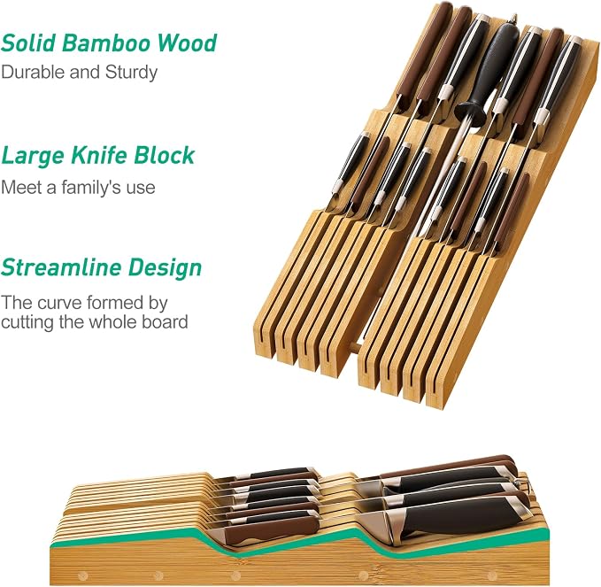 Knife Drawer Organizer (Natural, 12 Knives + 1 Sharpening Steel) | Bamboo Wood Drawer Knife Organizer, Bamboo Wood Block Organizer, Protecting Knife Organizer Block