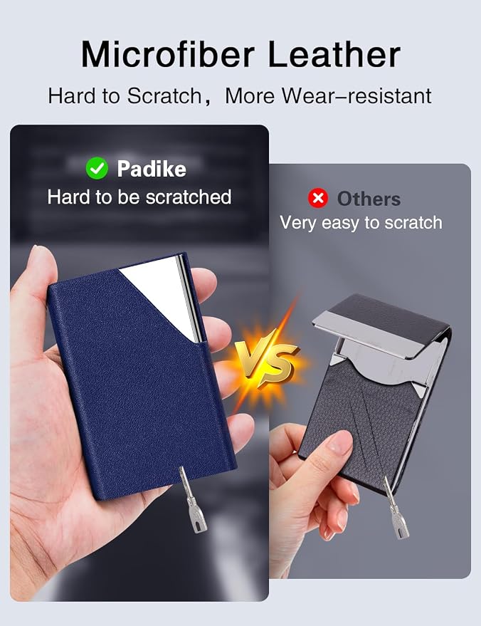 Padike Business Card Holder, Upgraded Leather Business Card Case Pocket Card Holders for Men or Women, Metal Slim Name Card Holder RFID Blocking Business Card Carrier with Magnetic Closure(Blue)