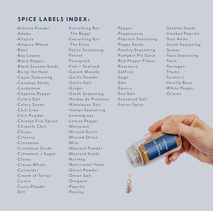Spice Jar Labels – 89 Preprinted Waterproof Stickers, Minimalist Kitchen Seasoning Labels for Pantry Organization (White, Black, Navy)