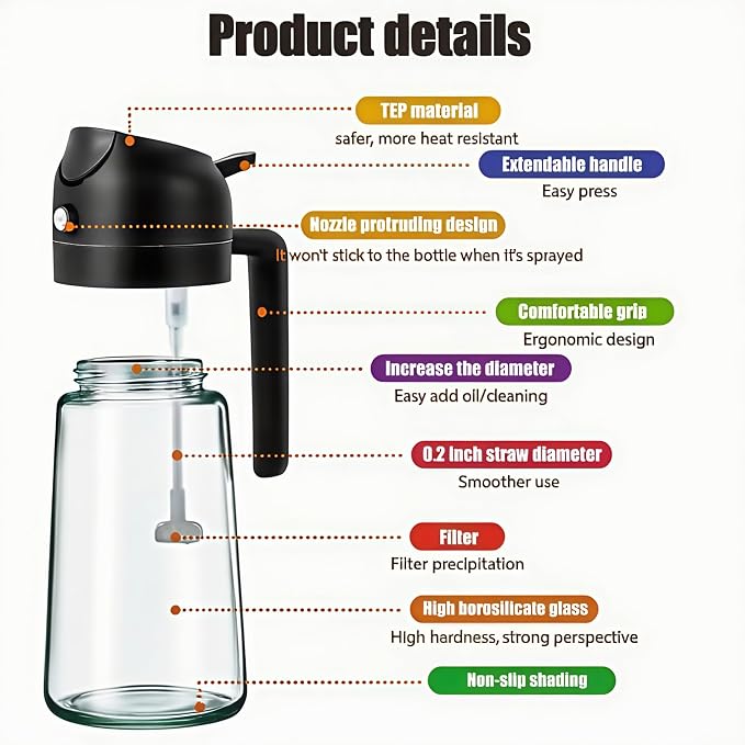 2 in 1 Oil Sprayer for Cooking, Oil Dispenser for Kitchen Gadgets, 16oz/470ml Premium Food-Grade Oil Bottle, for Salad, Air Fryer, BBQ