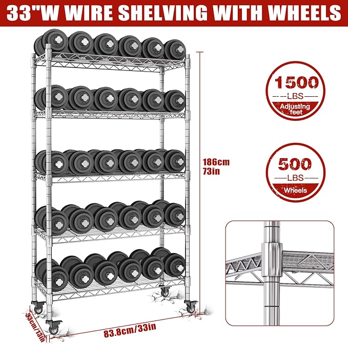 AIRAJ 33”W Storage Shelves with Wheels | 5 Tier Wire Shelving | 1500 LBS Metal Shelving | Garage Shelving Units and Storage | Wire Rack Adjustable Layer Height | 33”W×13”D×73” H| Electroplated Silver