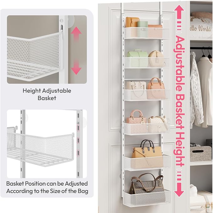 SWTYMIKI Over The Door Purse Organizer - Wall Mounted Purse Rack with 6 Adjustable Metal Basket, Hanging Bag Rack for Handbag Organizer, Bag Storage Can Use As 1/2 Part, for Door