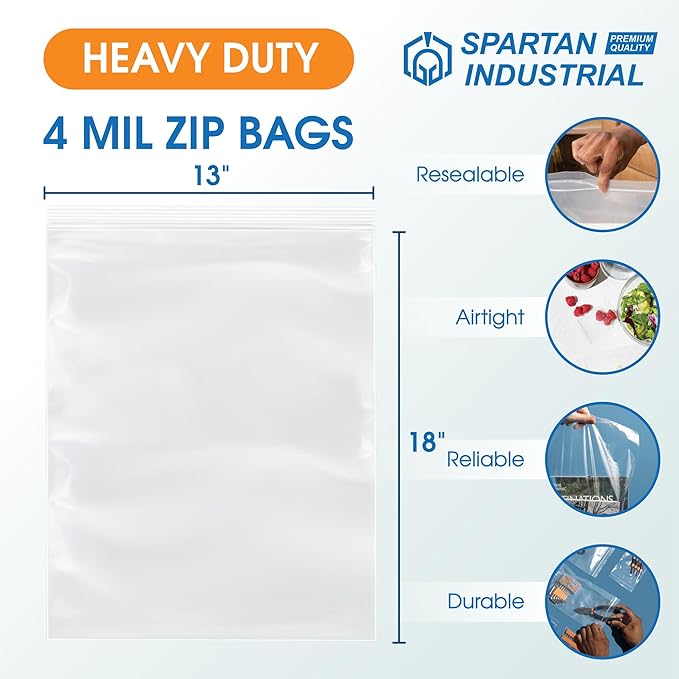 Spartan Industrial - 13” X 18” (250 Count) 4 Mil Thick Bulk Clear Reclosable Zip Plastic Poly Bags with Resealable Lock Seal Zipper - Heavy Duty and Durable
