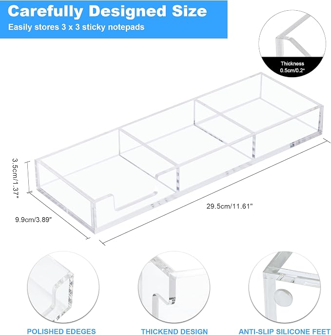 Sticky Note Holder 3 In 1 Clear Acrylic Self-Stick Memo Pads Holders Desk Organizer for School Office Home, Post Pop Notes Dispenser for 3"X3" Note Pads (BQ211)