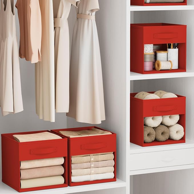 DIMJ Storage Cubes, Cube Storage Bin, 6 Pack Foldable Baskets with Window, Closet Storage Bins with Handle, 11x 11 inch Storage Cubes for Clothes, Toys, Books (Red)