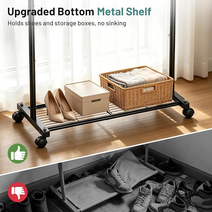 AOODA Short Clothing Rack for Hanging Clothes, Metal Small Clothes racks With Shelves, Heavy Duty Rolling Garment Racks on Wheels for Closet, Wardrobe (Black)