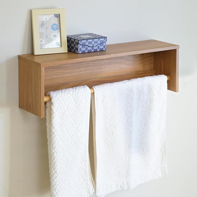 Yamazen Wall Shelf, Wall Shelf, Towel Hanger, Wall Hanger, Wall Storage, Towel Rack, Shelf, Width 23.6 x Depth 5.7 x Height 7.3 inches (60 x 14.5 x 18.5 cm), Art Wall Unit, Space Saving, Assembly, Oak