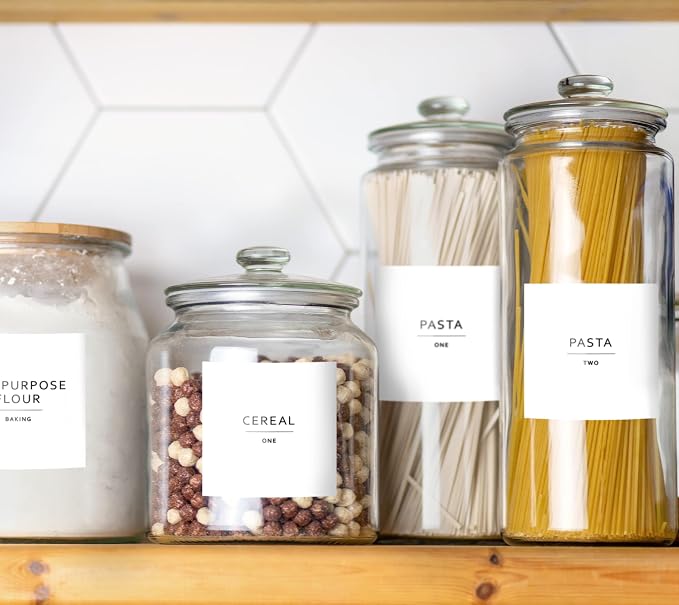 Pantry Labels - Waterproof Minimalist Preprinted Canister Labels for Food Containers - Plastic and Glass - White Vinyl - Set of 1