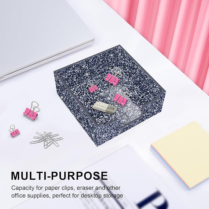 Rouidr Acrylic Sticky Note Holder, Self Stick Note Pad Holder, Dark Gray | 3.94 x 3.94 Inch Glitter Memo Pad Dispenser Organizer for School Office Home Desk Supplies