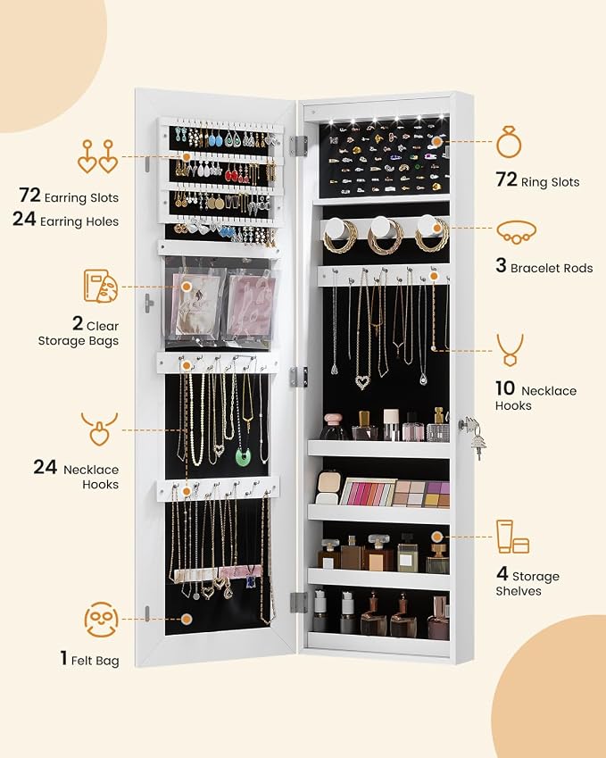 Wall Door Mounted Jewelry Cabinet 6 LED Jewelry Mirror Storage Organizer | Over the Door Jewelry Armoire Organizer, Lockable Full Length Mirror Hanging Jewelry Storage for Women (White-pro)