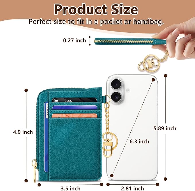 GIANCOMICS Slim Wallet Credit Card Holder Women, Peacock Blue Rfid Blocking Small Card Case, Keychain Thin Pocket Curved Zipper Wallet, Travel Card Holder PU Leather ID Window, Ladies Female Gifts
