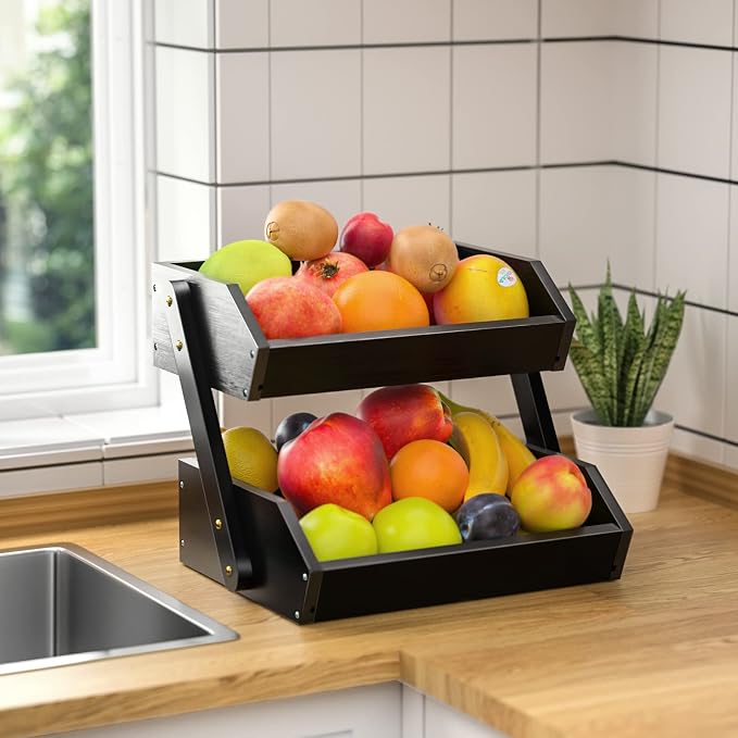 G.a HOMEFAVOR 2-Tier Fruit Basket for Kitchen Counter, Black, Self-assembly | Bamboo Fruit Bowl, Vegetable Storage for Fruit Shop and Home Organizer, 15 mm Thickness