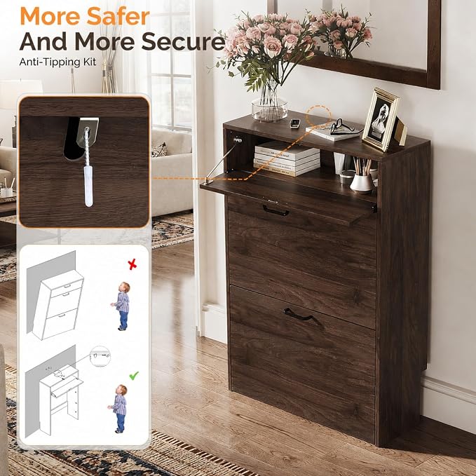 VINGLI Shoe Cabinet Storage for Entryway Ultra Slim with 2 Flip &1Drop-Down Drawers, 24.8" W Narrow Shoe Cabinet for Front Door Entrance,Freestanding Walnut Wood Shoes Organizer for Hallway