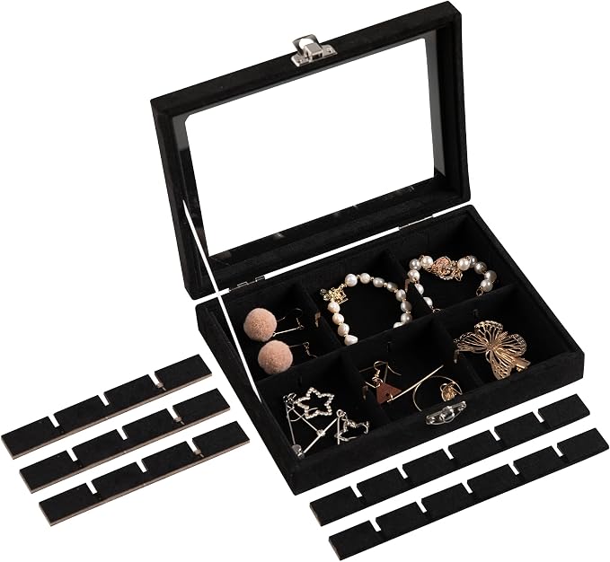 Frebeauty 24 Grid Earring Organizer,Small Velvet Jewelry Tray with Lid | Portable Jewelry Box for Rings Stud,Velvet Lining for Protecting Jewelry,Adjustable Dividers,Glass Lid for Clear Review